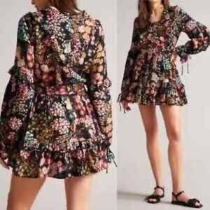 NWT Ted Baker Hendria Ruffle Trim Mini Dress Long Sleeve Floral Romantic Sz 0 XS